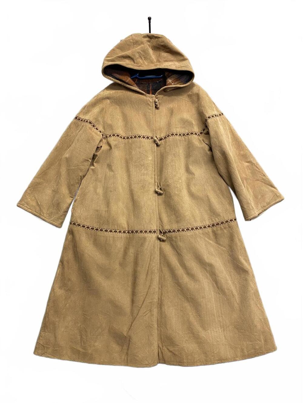 Vtg Hooded Long Faux Suede Coat with Plaid Blanket Lining No Tags Womens Sz XL